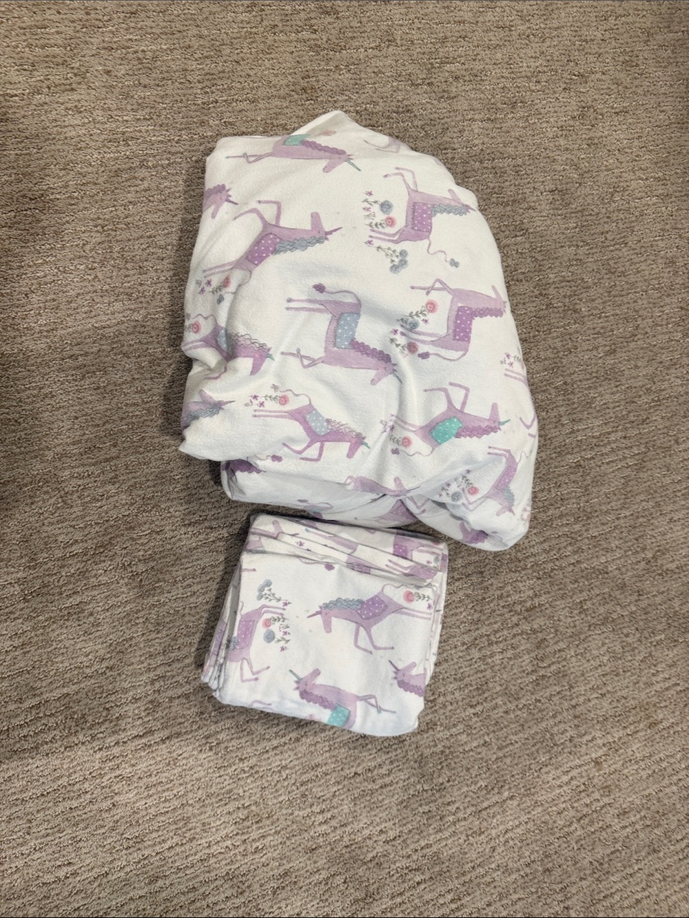 Pottery Barn Unicorn Print Toddler Bedding Set in White and Lavender